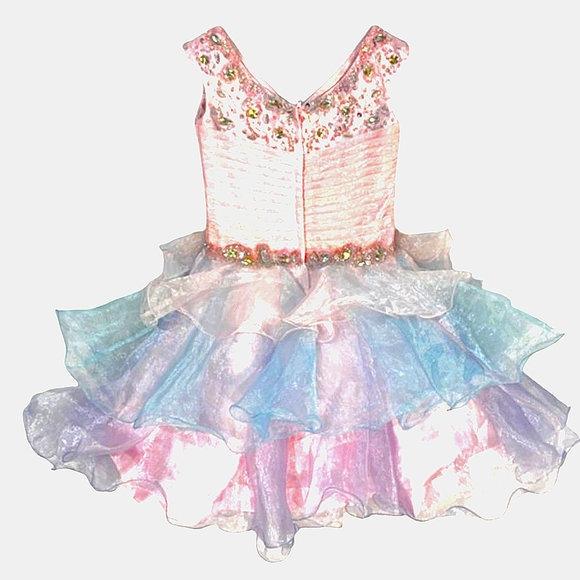 MacDuggal Princess Prom Dress Pink/Purple/Blue Organza Tiers V-neck Jeweled Sz 2 - Picture 6 of 12